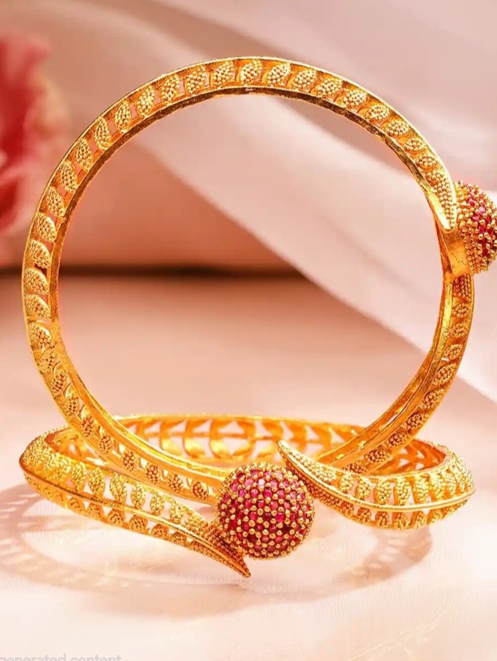 Gold Plated Red Stone Textured Statement Bangles Set Size 2.8 - Picture 2 of 4